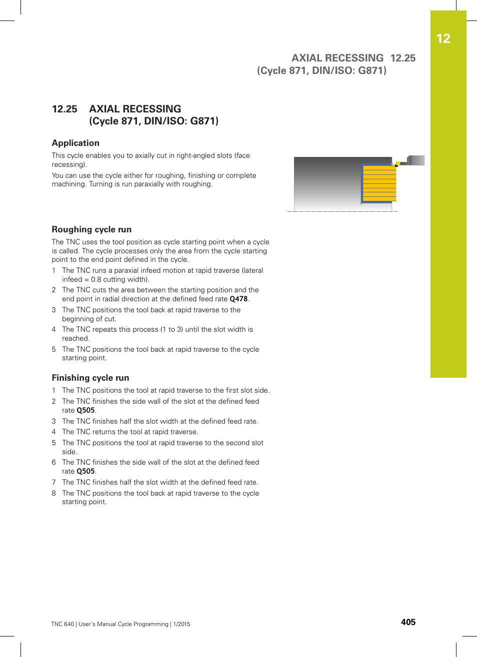 25 axial recessing (cycle 871, din/iso: g871), Application, Roughing cycle run | Finishing cycle run, Axial recessing (cycle 871, din/iso: g871) | HEIDENHAIN TNC 640 (34059x-05) Cycle programming User Manual | Page 405 / 635