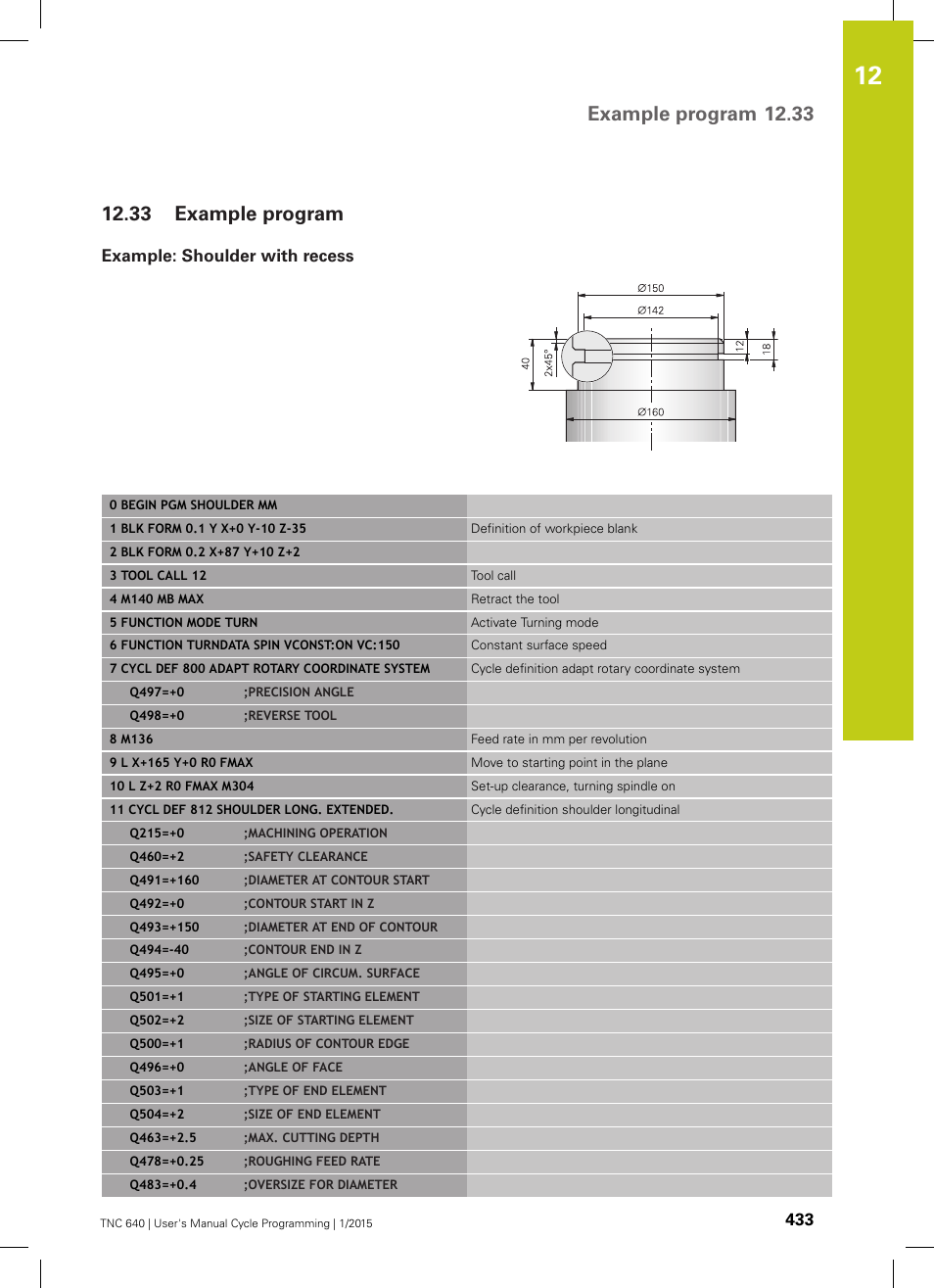 33 example program, Example: shoulder with recess, Example program | Example program 12.33 | HEIDENHAIN TNC 640 (34059x-05) Cycle programming User Manual | Page 433 / 635