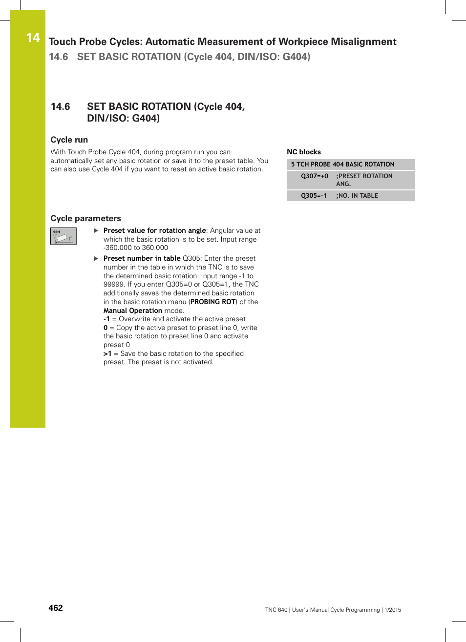 6 set basic rotation (cycle 404, din/iso: g404), Cycle run, Cycle parameters | Set basic rotation (cycle 404, din/iso: g404) | HEIDENHAIN TNC 640 (34059x-05) Cycle programming User Manual | Page 462 / 635