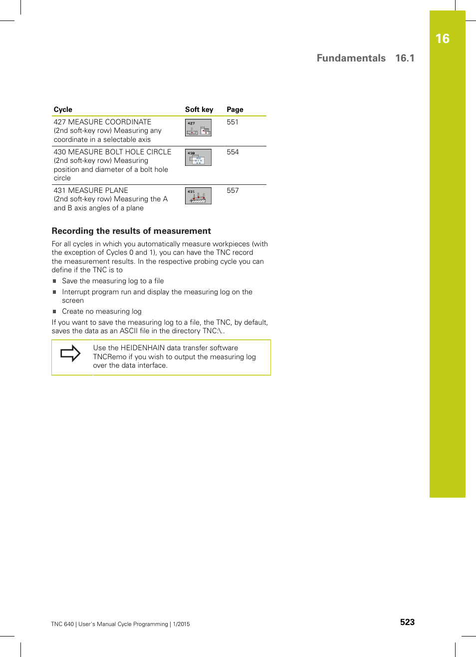 Recording the results of measurement, Fundamentals 16.1 | HEIDENHAIN TNC 640 (34059x-05) Cycle programming User Manual | Page 523 / 635