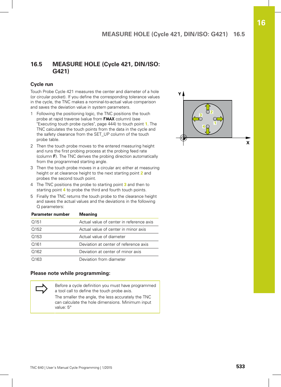 5 measure hole (cycle 421, din/iso: g421), Cycle run, Please note while programming | Measure hole (cycle 421, din/iso: g421) | HEIDENHAIN TNC 640 (34059x-05) Cycle programming User Manual | Page 533 / 635