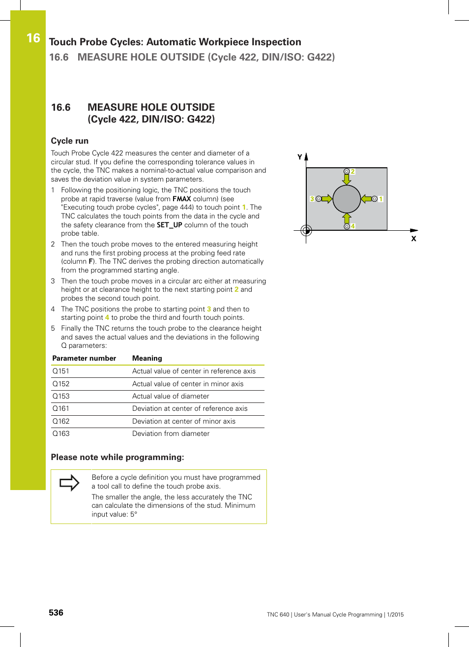 6 measure hole outside (cycle 422, din/iso: g422), Cycle run, Please note while programming | Measure hole outside (cycle 422, din/iso: g422) | HEIDENHAIN TNC 640 (34059x-05) Cycle programming User Manual | Page 536 / 635