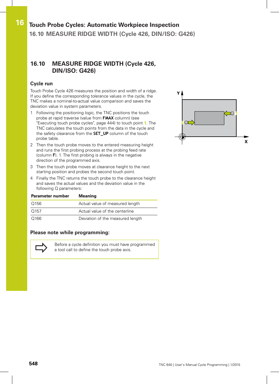 10 measure ridge width (cycle 426, din/iso: g426), Cycle run, Please note while programming | Measure ridge width (cycle 426, din/iso: g426) | HEIDENHAIN TNC 640 (34059x-05) Cycle programming User Manual | Page 548 / 635