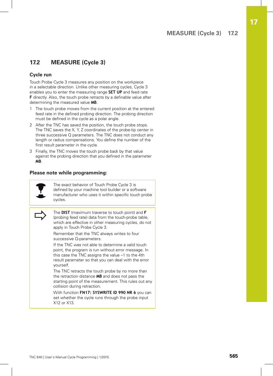 2 measure (cycle 3), Cycle run, Please note while programming | Measure (cycle 3), Measure (cycle 3) 17.2 | HEIDENHAIN TNC 640 (34059x-05) Cycle programming User Manual | Page 565 / 635
