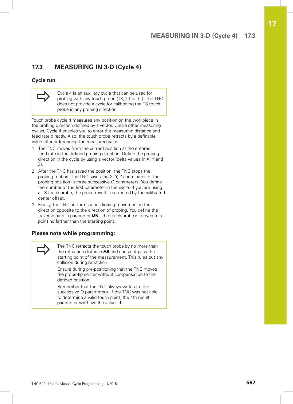 3 measuring in 3-d (cycle 4), Cycle run, Please note while programming | Measuring in 3-d (cycle 4) | HEIDENHAIN TNC 640 (34059x-05) Cycle programming User Manual | Page 567 / 635