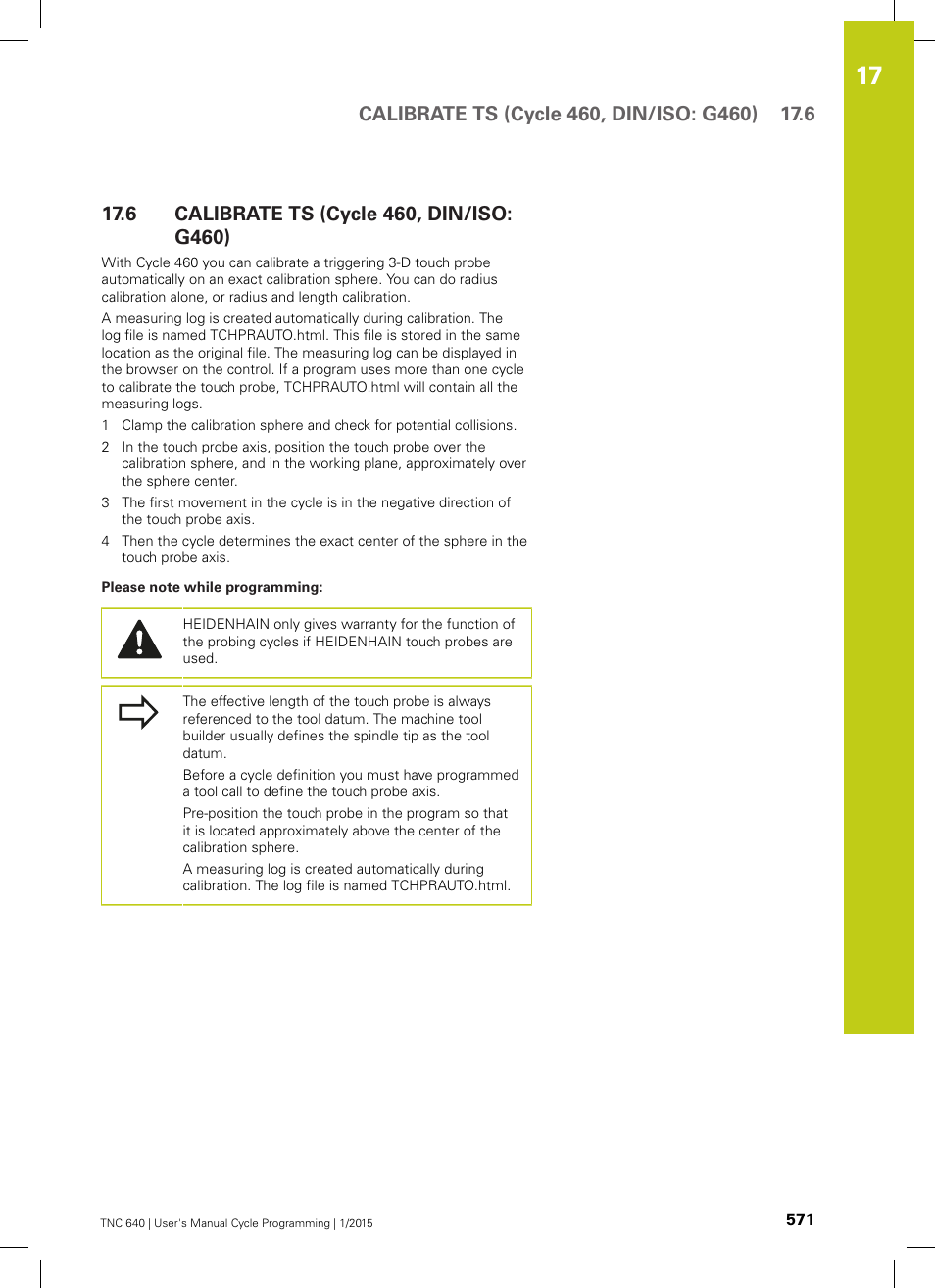 6 calibrate ts (cycle 460, din/iso: g460), Calibrate ts (cycle 460, din/iso: g460) | HEIDENHAIN TNC 640 (34059x-05) Cycle programming User Manual | Page 571 / 635