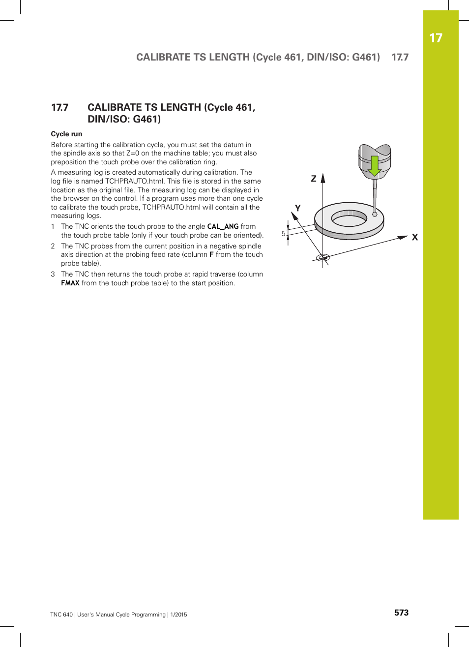 7 calibrate ts length (cycle 461, din/iso: g461), Calibrate ts length (cycle 461, din/iso: g461) | HEIDENHAIN TNC 640 (34059x-05) Cycle programming User Manual | Page 573 / 635