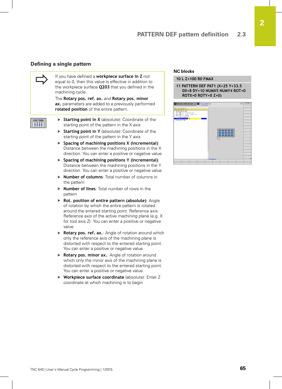 Defining a single pattern, Pattern def pattern definition 2.3 | HEIDENHAIN TNC 640 (34059x-05) Cycle programming User Manual | Page 65 / 635