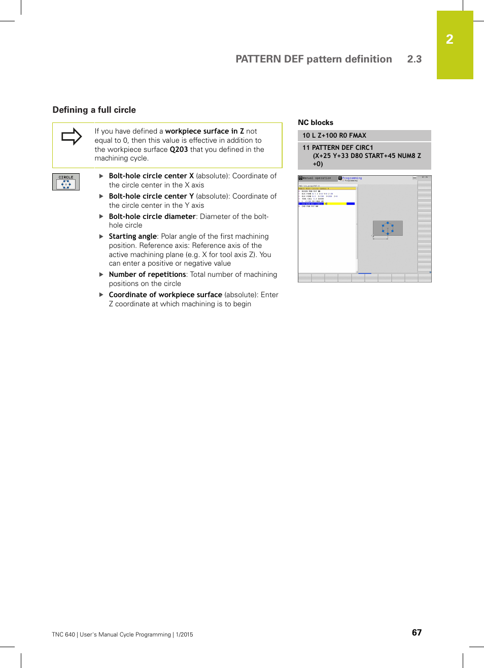 Defining a full circle, Pattern def pattern definition 2.3 | HEIDENHAIN TNC 640 (34059x-05) Cycle programming User Manual | Page 67 / 635