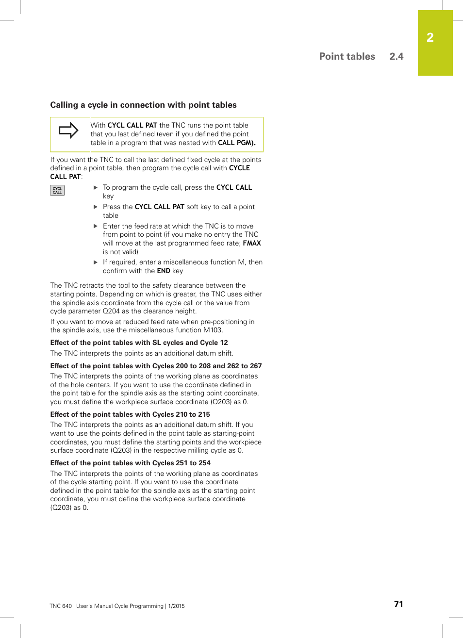 Calling a cycle in connection with point tables, Effect of the point tables with cycles 210 to 215, Effect of the point tables with cycles 251 to 254 | Point tables 2.4 | HEIDENHAIN TNC 640 (34059x-05) Cycle programming User Manual | Page 71 / 635