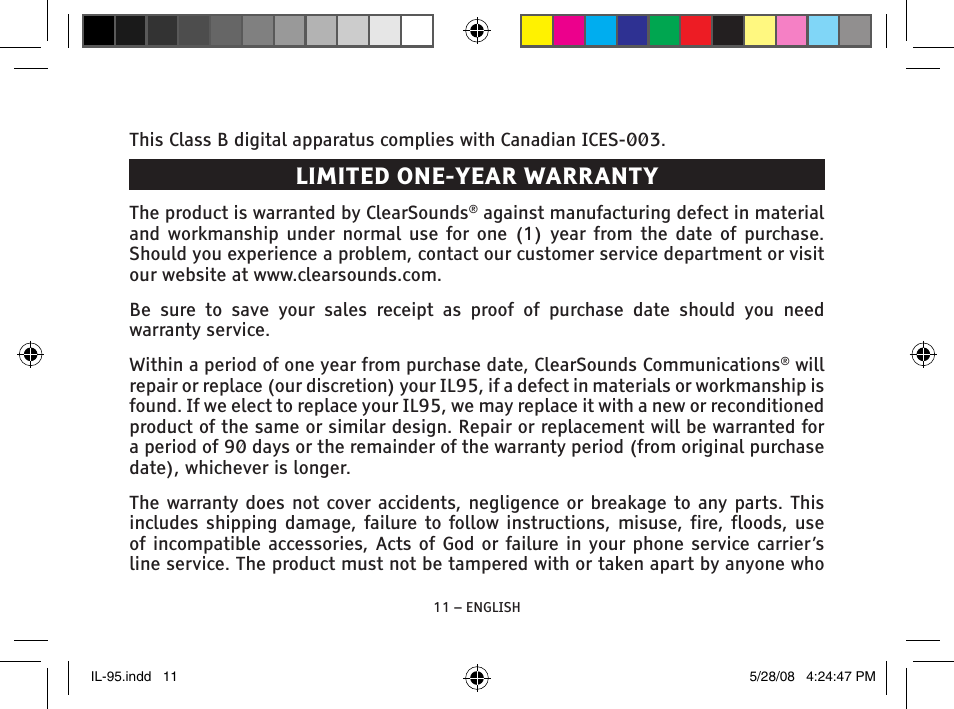 Limited one-year warranty | ClearSounds IL95 User Manual | Page 11 / 40