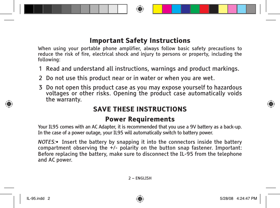 Important safety instructions, Save these instructions power requirements | ClearSounds IL95 User Manual | Page 2 / 40