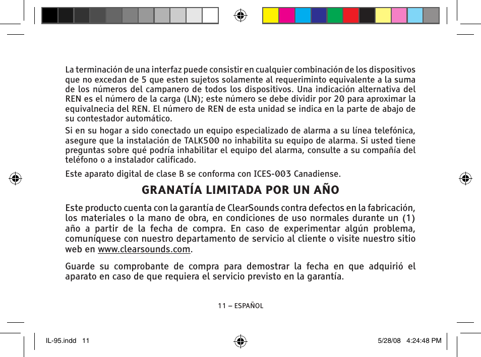 Granatía limitada por un año | ClearSounds IL95 User Manual | Page 23 / 40