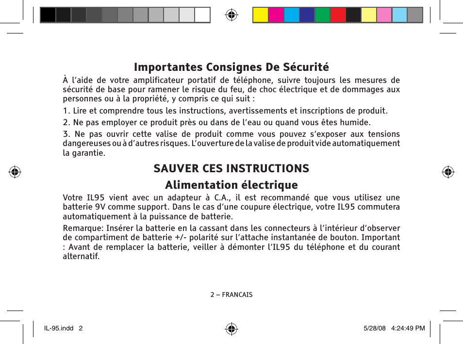 Importantes consignes de sécurité, Sauver ces instructions alimentation électrique | ClearSounds IL95 User Manual | Page 28 / 40