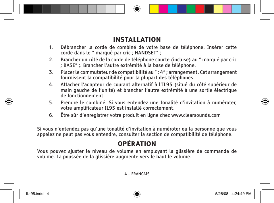 Installation, Opération | ClearSounds IL95 User Manual | Page 30 / 40