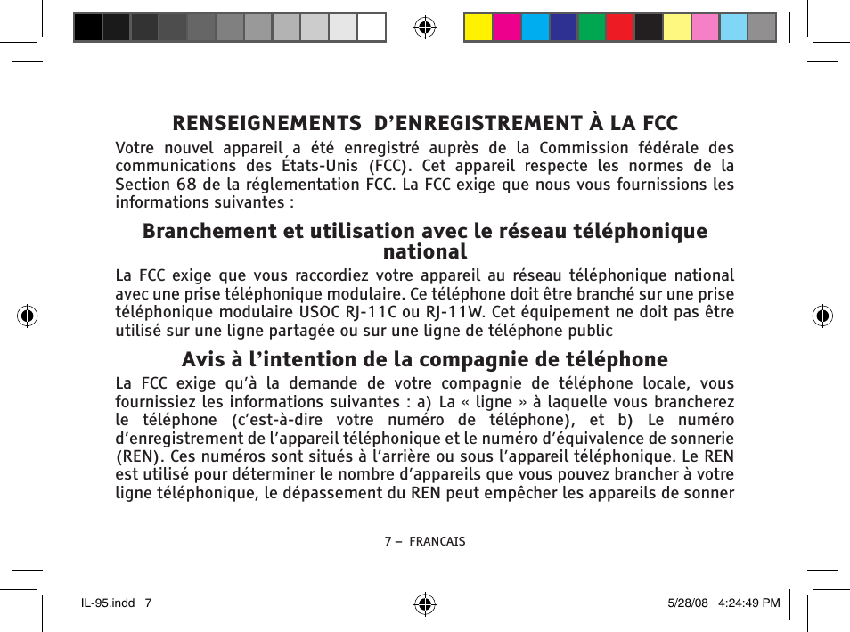 Renseignements d’enregistrement à la fcc, Avis à l’intention de la compagnie de téléphone | ClearSounds IL95 User Manual | Page 33 / 40