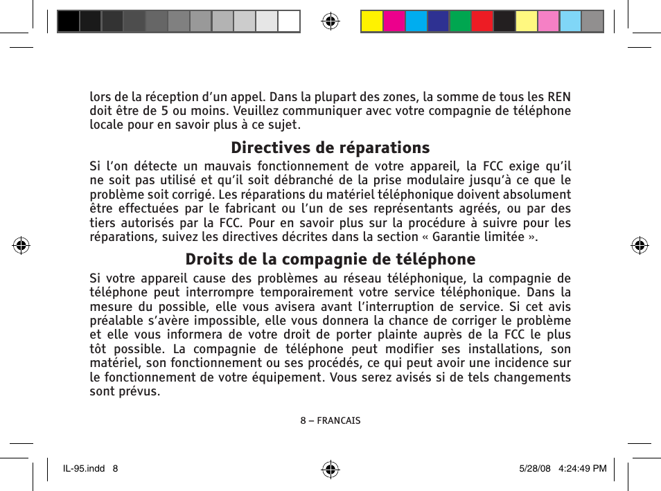 Directives de réparations, Droits de la compagnie de téléphone | ClearSounds IL95 User Manual | Page 34 / 40