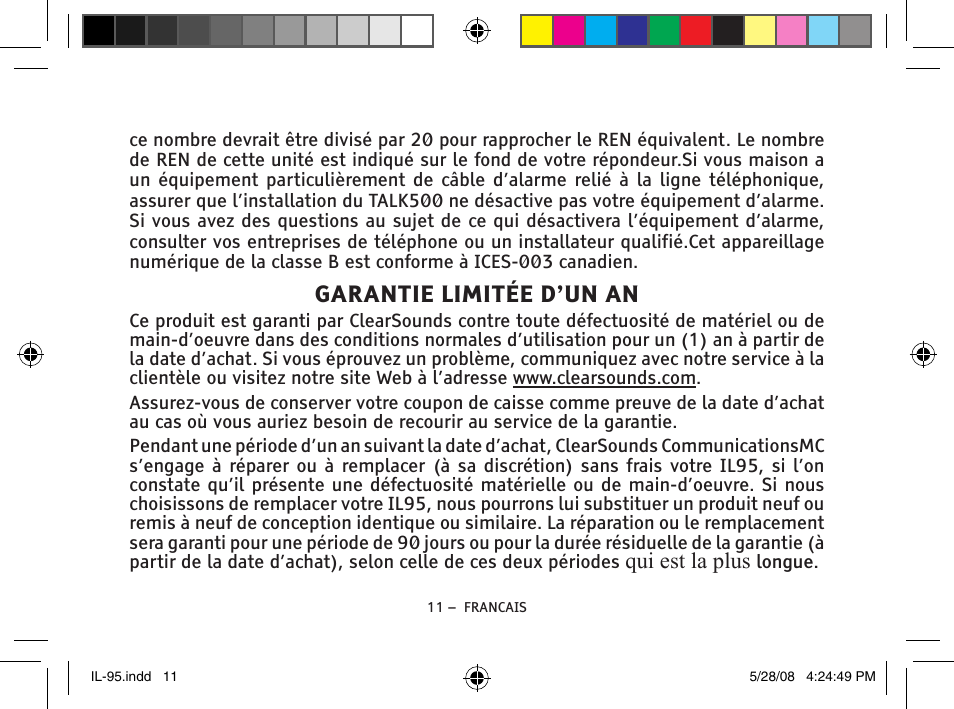 Garantie limitée d’un an, Qui est la plus | ClearSounds IL95 User Manual | Page 37 / 40