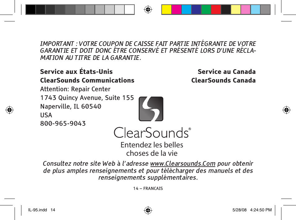 Entendez les belles choses de la vie | ClearSounds IL95 User Manual | Page 40 / 40