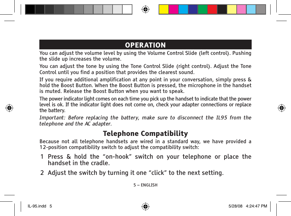 Operation, Telephone compatibility | ClearSounds IL95 User Manual | Page 5 / 40