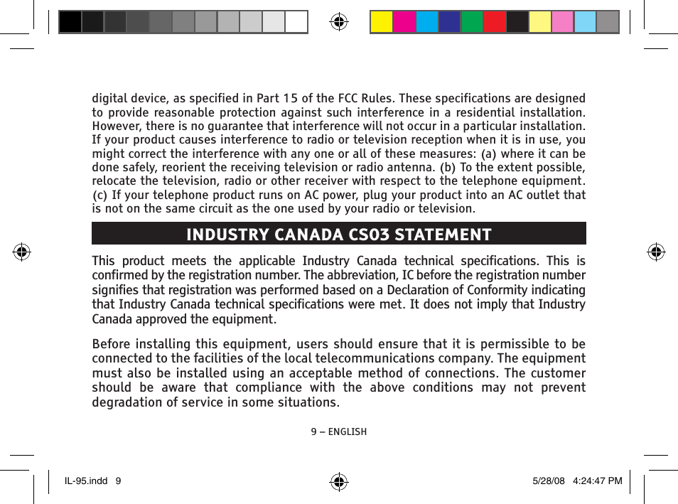 Industry canada cs03 statement | ClearSounds IL95 User Manual | Page 9 / 40