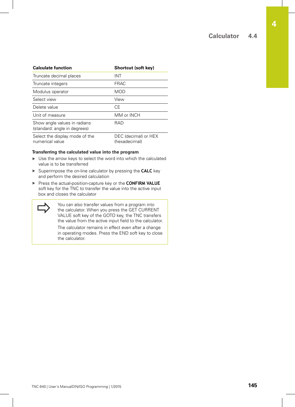 Calculator 4.4 | HEIDENHAIN TNC 640 (34059x-05) ISO programming User Manual | Page 145 / 676