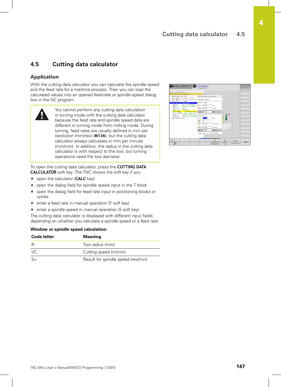 5 cutting data calculator, Application, Cutting data calculator | Cutting data calculator 4.5 | HEIDENHAIN TNC 640 (34059x-05) ISO programming User Manual | Page 147 / 676