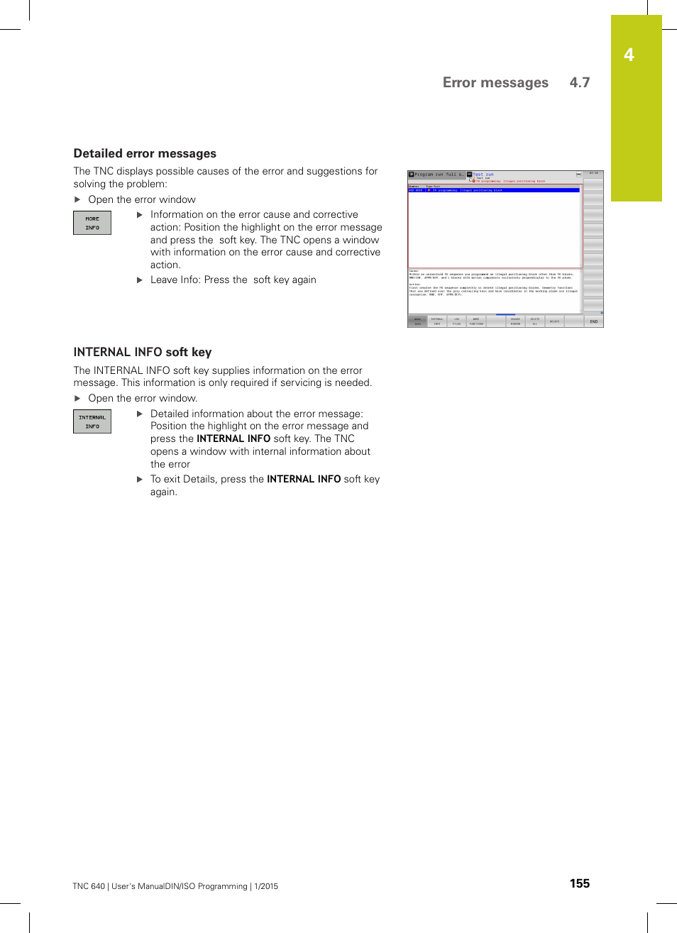Detailed error messages, Internal info soft key, Error messages 4.7 | HEIDENHAIN TNC 640 (34059x-05) ISO programming User Manual | Page 155 / 676