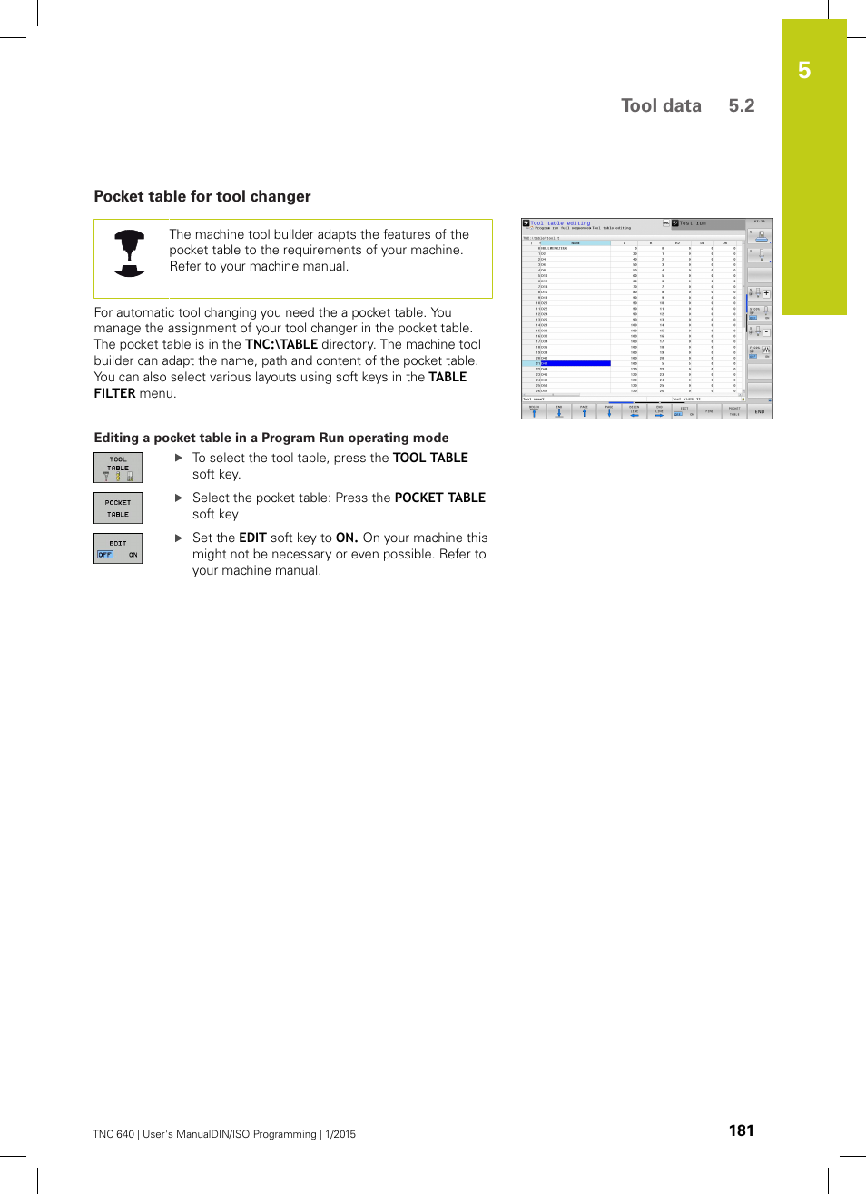 Pocket table for tool changer, Haracters ("pocket table for tool changer"), Able: see "pocket table for tool | Tool data 5.2 | HEIDENHAIN TNC 640 (34059x-05) ISO programming User Manual | Page 181 / 676