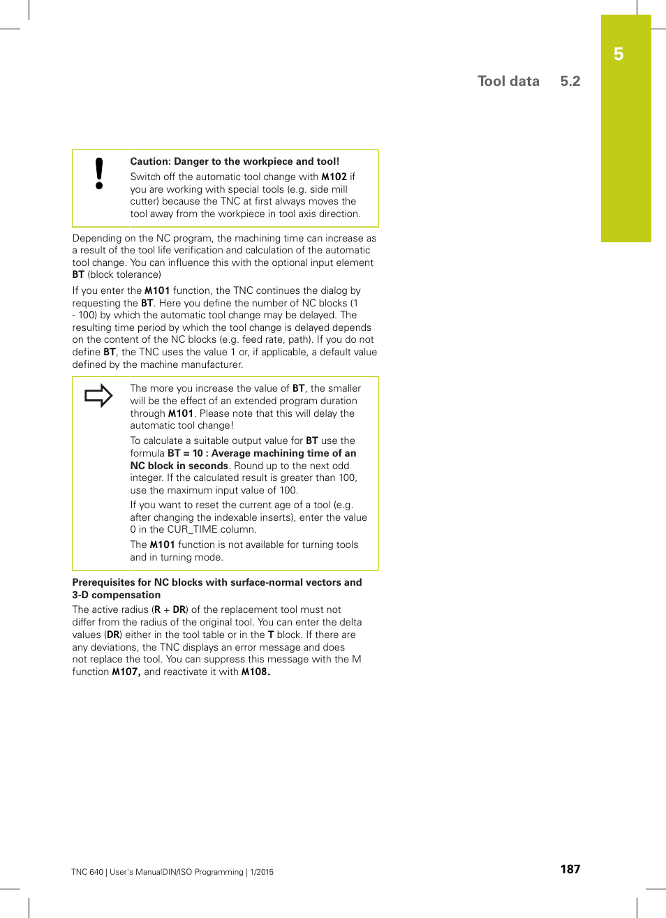 Tool data 5.2 | HEIDENHAIN TNC 640 (34059x-05) ISO programming User Manual | Page 187 / 676