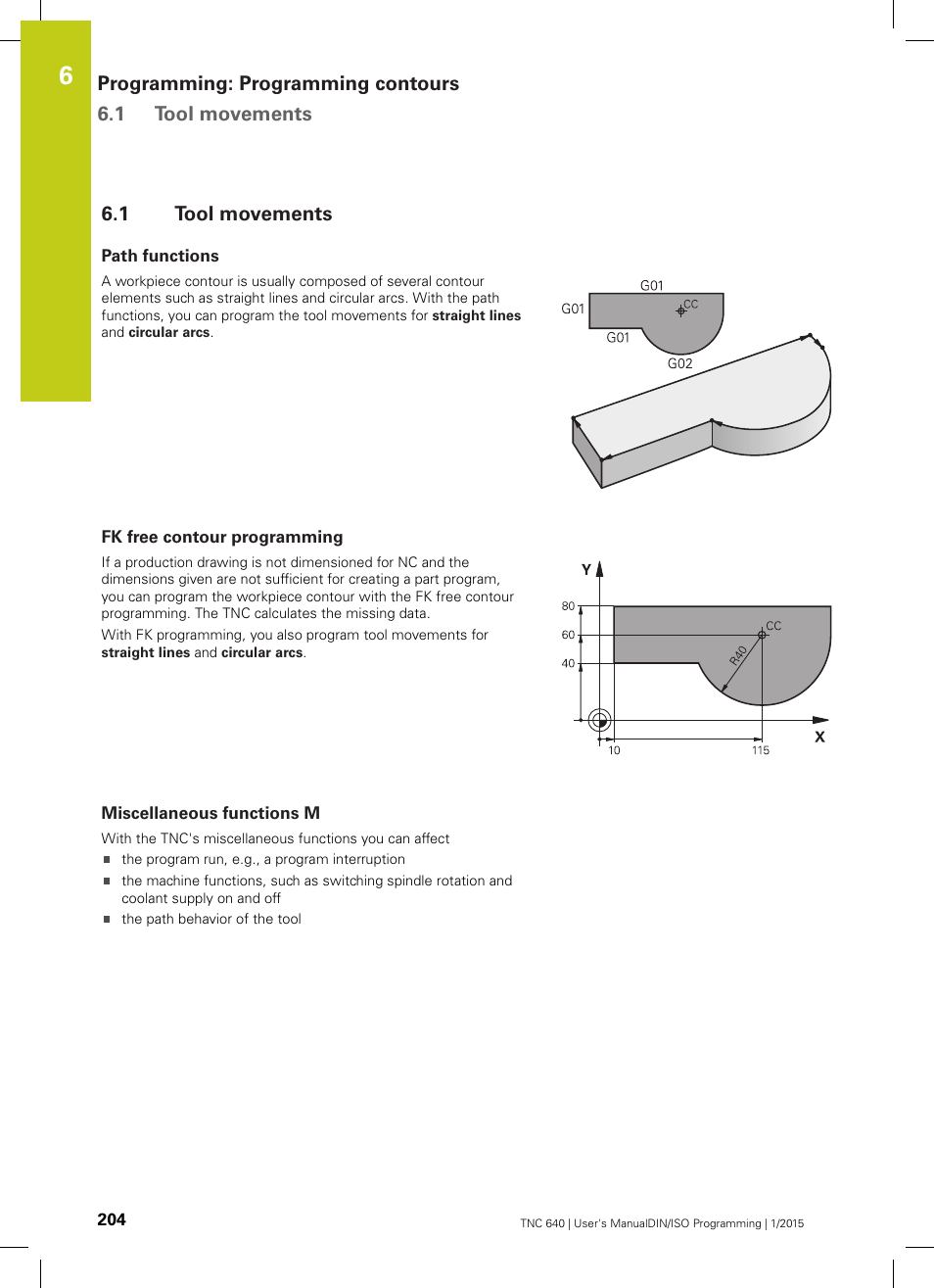 1 tool movements, Path functions, Fk free contour programming | Miscellaneous functions m, Tool movements | HEIDENHAIN TNC 640 (34059x-05) ISO programming User Manual | Page 204 / 676