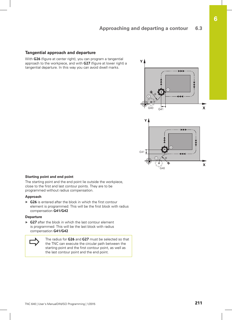 Tangential approach and departure, Approaching and departing a contour 6.3 | HEIDENHAIN TNC 640 (34059x-05) ISO programming User Manual | Page 211 / 676