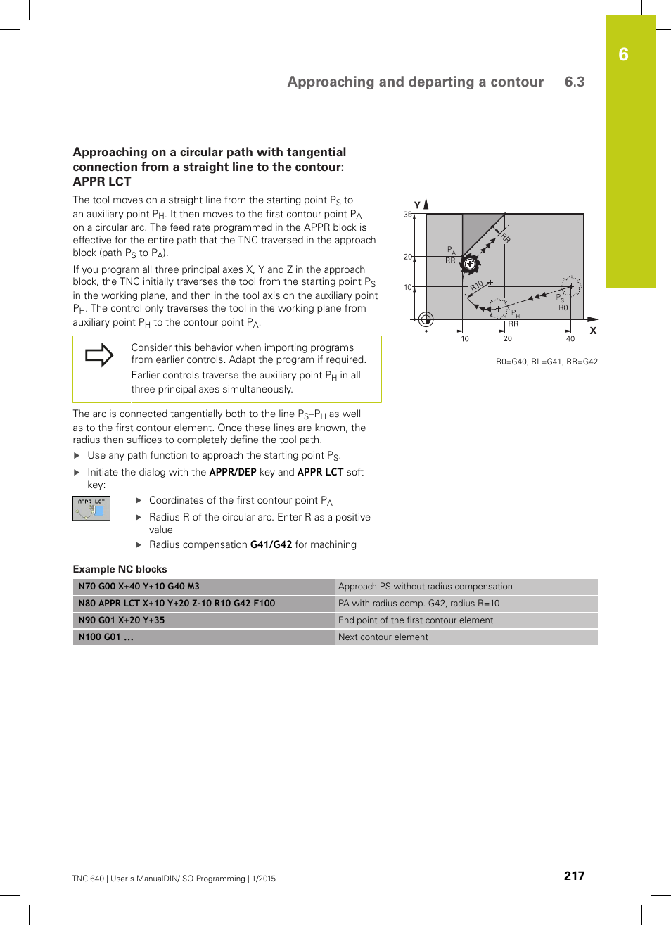 Approaching and departing a contour 6.3 | HEIDENHAIN TNC 640 (34059x-05) ISO programming User Manual | Page 217 / 676