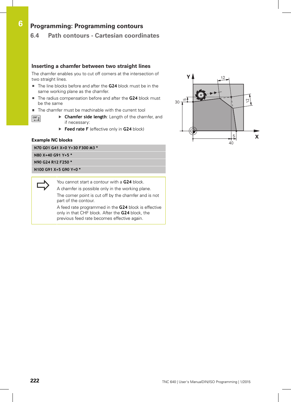 Inserting a chamfer between two straight lines | HEIDENHAIN TNC 640 (34059x-05) ISO programming User Manual | Page 222 / 676