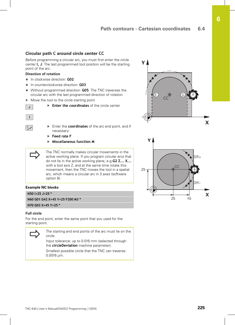 Circular path c around circle center cc, Path contours - cartesian coordinates 6.4 | HEIDENHAIN TNC 640 (34059x-05) ISO programming User Manual | Page 225 / 676