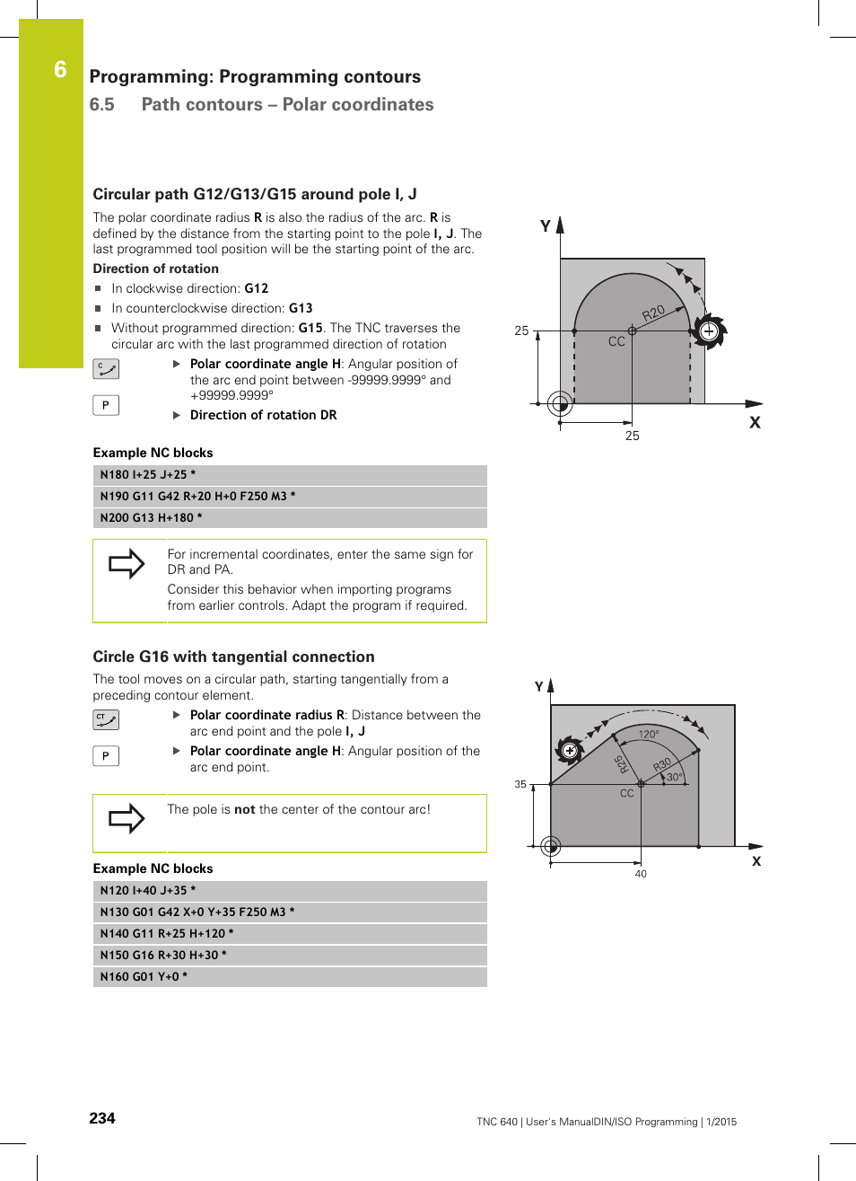 Circular path g12/g13/g15 around pole i, j, Circle g16 with tangential connection | HEIDENHAIN TNC 640 (34059x-05) ISO programming User Manual | Page 234 / 676