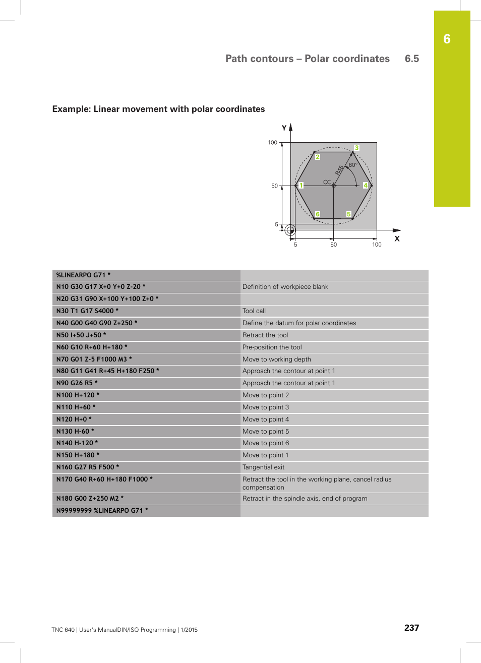 Example: linear movement with polar coordinates, Path contours – polar coordinates 6.5 | HEIDENHAIN TNC 640 (34059x-05) ISO programming User Manual | Page 237 / 676