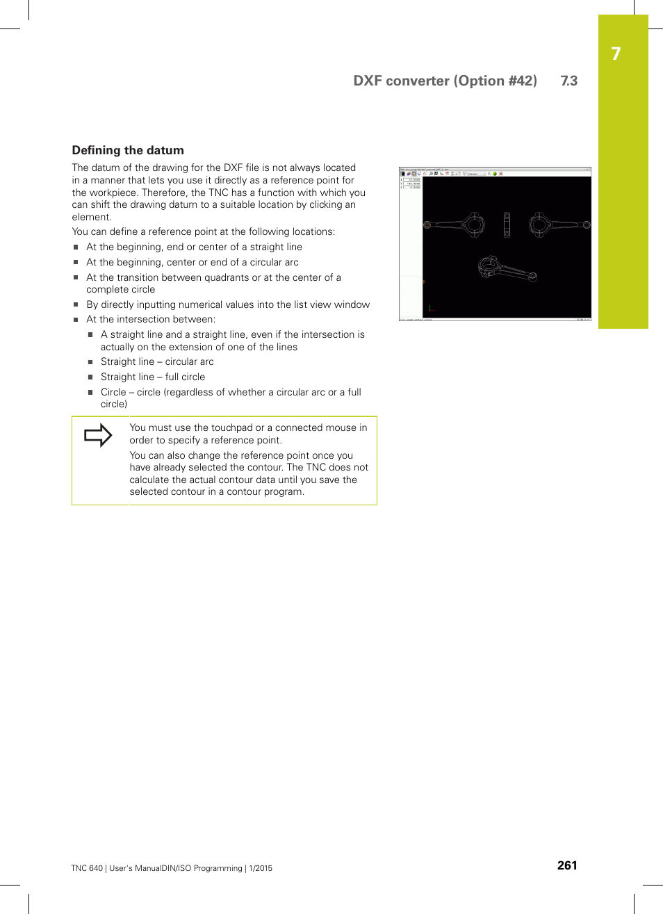 Defining the datum, Dxf converter (option #42) 7.3 | HEIDENHAIN TNC 640 (34059x-05) ISO programming User Manual | Page 261 / 676