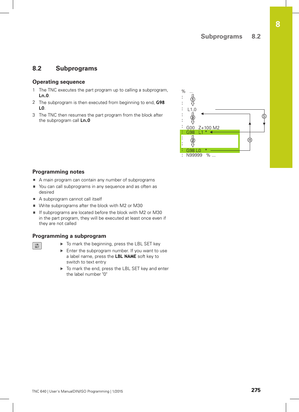 2 subprograms, Operating sequence, Programming notes | Programming a subprogram, Subprograms, Subprograms 8.2 | HEIDENHAIN TNC 640 (34059x-05) ISO programming User Manual | Page 275 / 676