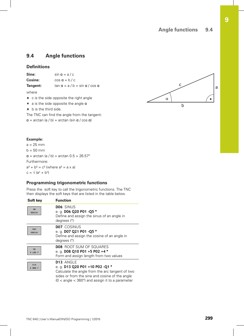 4 angle functions, Definitions, Programming trigonometric functions | Angle functions, Angle functions 9.4 | HEIDENHAIN TNC 640 (34059x-05) ISO programming User Manual | Page 299 / 676