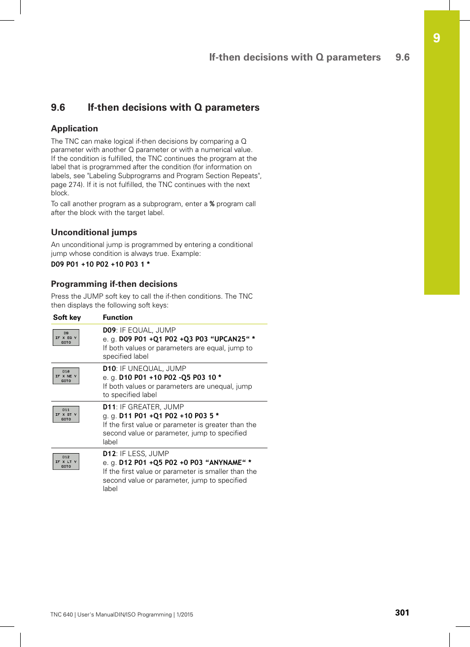 6 if-then decisions with q parameters, Application, Unconditional jumps | Programming if-then decisions, If-then decisions with q parameters, If-then decisions with q parameters 9.6 | HEIDENHAIN TNC 640 (34059x-05) ISO programming User Manual | Page 301 / 676