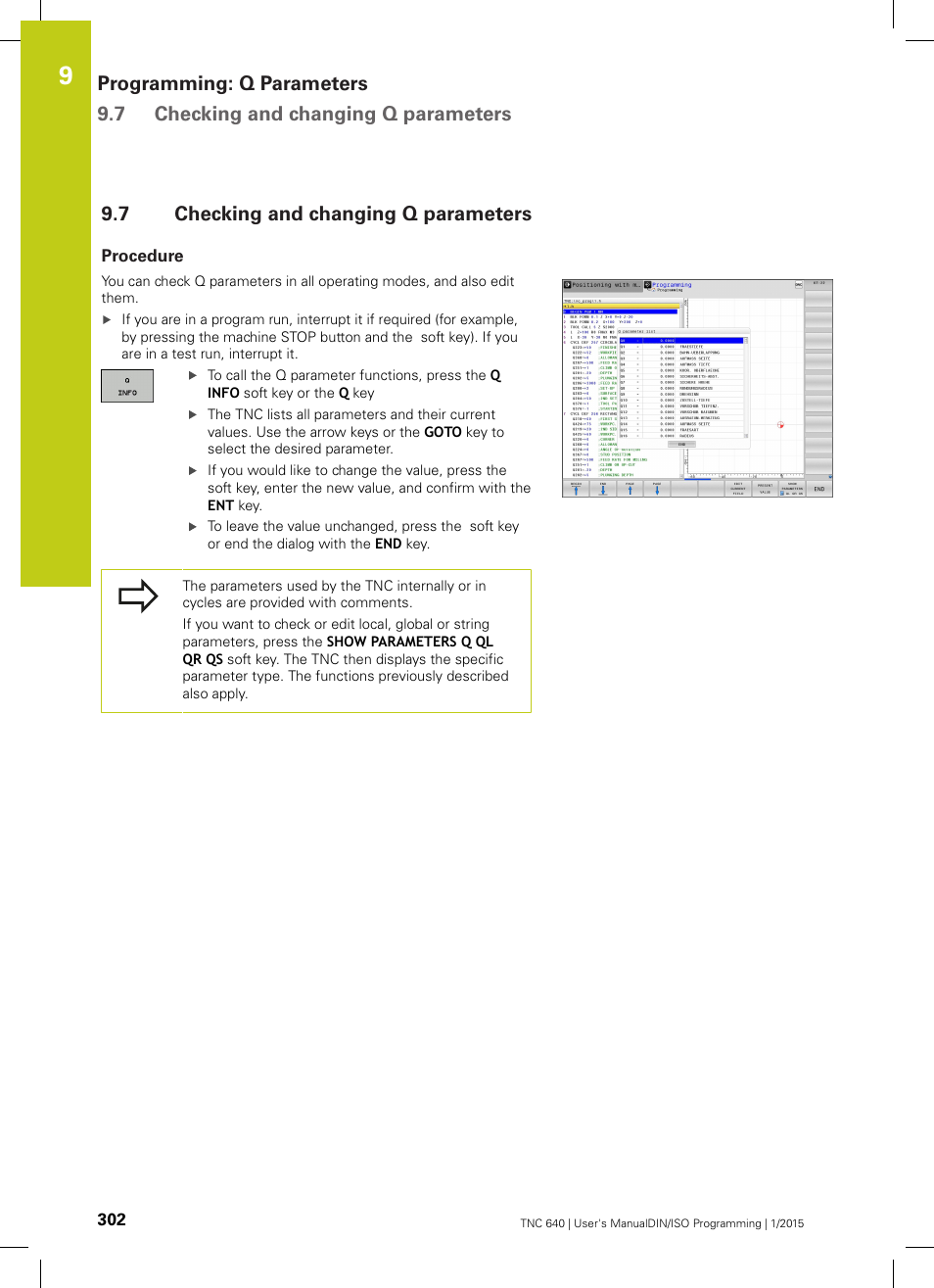 7 checking and changing q parameters, Procedure, Checking and changing q parameters | HEIDENHAIN TNC 640 (34059x-05) ISO programming User Manual | Page 302 / 676