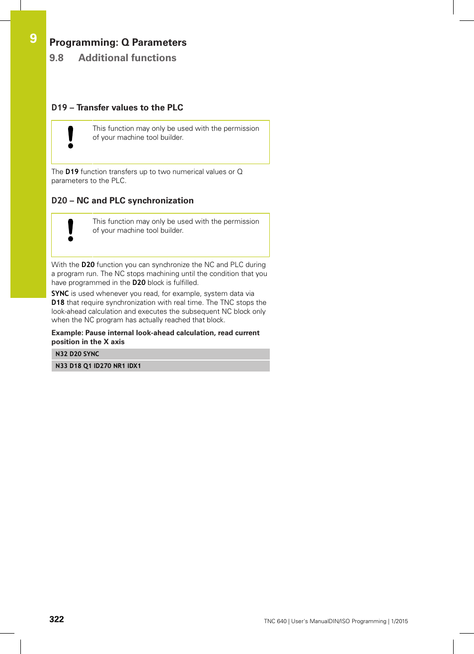 D19 – transfer values to the plc, D20 – nc and plc synchronization, Programming: q parameters 9.8 additional functions | HEIDENHAIN TNC 640 (34059x-05) ISO programming User Manual | Page 322 / 676