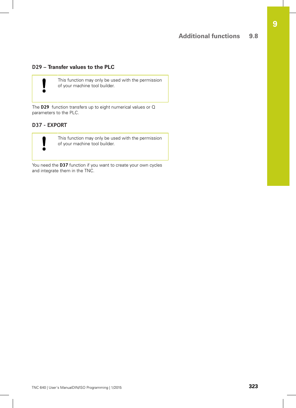 D29 – transfer values to the plc, D37 – export, Additional functions 9.8 | HEIDENHAIN TNC 640 (34059x-05) ISO programming User Manual | Page 323 / 676