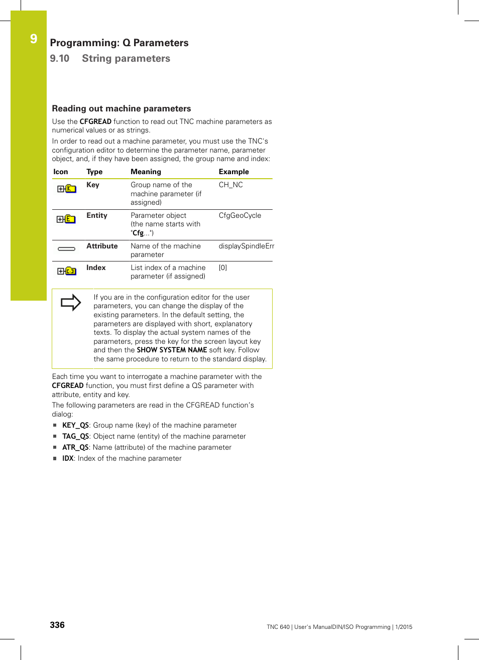Reading out machine parameters, Programming: q parameters 9.10 string parameters | HEIDENHAIN TNC 640 (34059x-05) ISO programming User Manual | Page 336 / 676