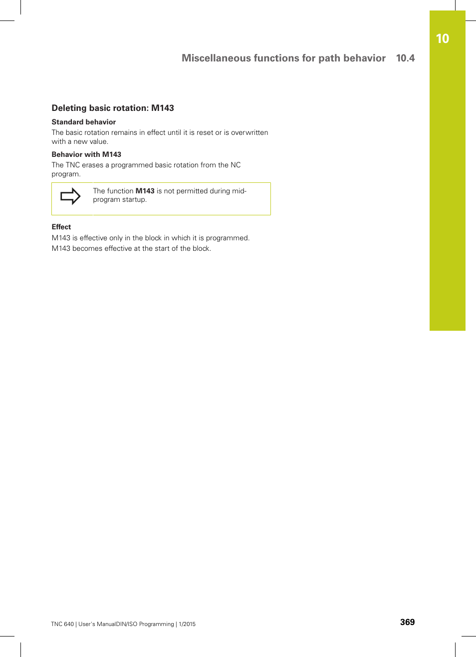 Deleting basic rotation: m143, Miscellaneous functions for path behavior 10.4 | HEIDENHAIN TNC 640 (34059x-05) ISO programming User Manual | Page 369 / 676