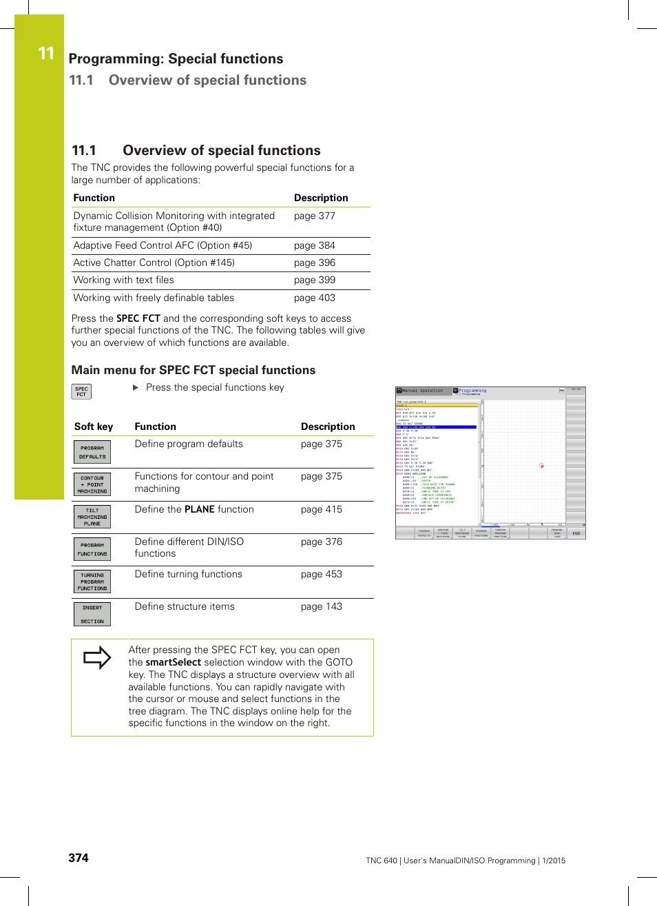 1 overview of special functions, Main menu for spec fct special functions, Overview of special functions | HEIDENHAIN TNC 640 (34059x-05) ISO programming User Manual | Page 374 / 676