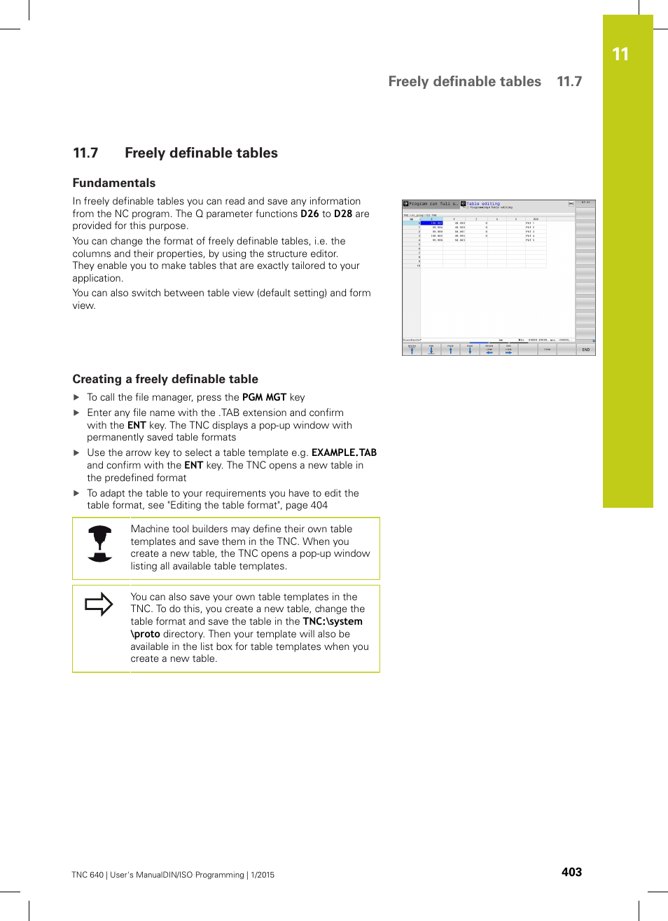 7 freely definable tables, Fundamentals, Creating a freely definable table | Freely definable, Freely definable tables, Freely definable tables 11.7 | HEIDENHAIN TNC 640 (34059x-05) ISO programming User Manual | Page 403 / 676