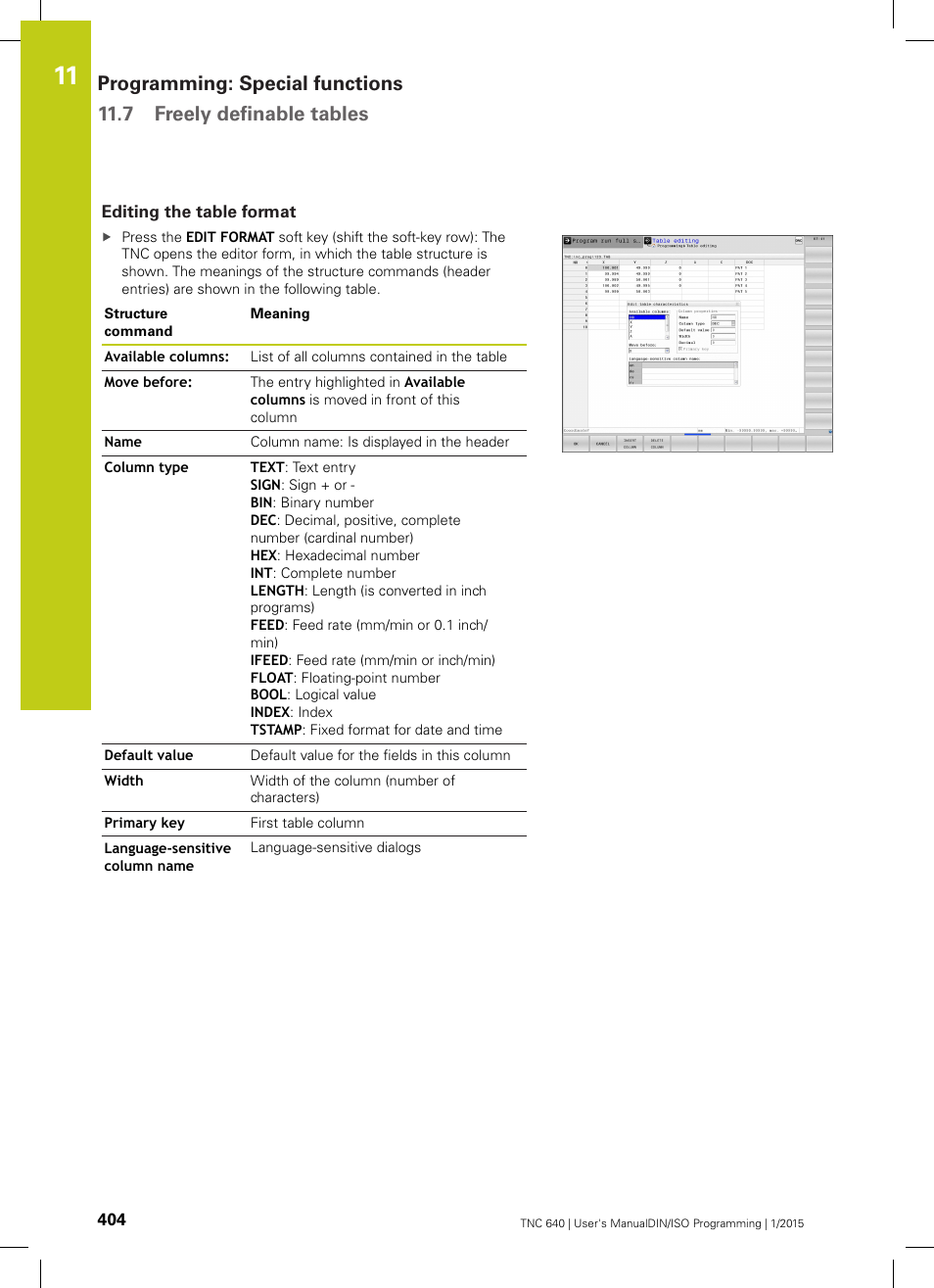 Editing the table format | HEIDENHAIN TNC 640 (34059x-05) ISO programming User Manual | Page 404 / 676