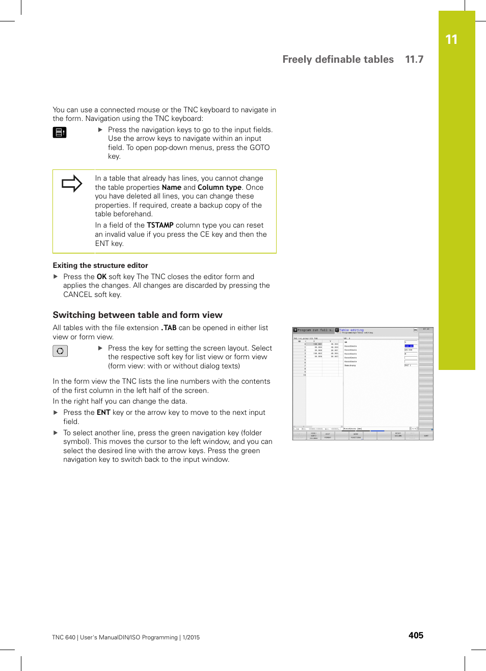 Switching between table and form view, Freely definable tables 11.7 | HEIDENHAIN TNC 640 (34059x-05) ISO programming User Manual | Page 405 / 676